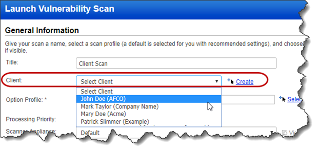 Client option in Launch Vulnerability Scan window
