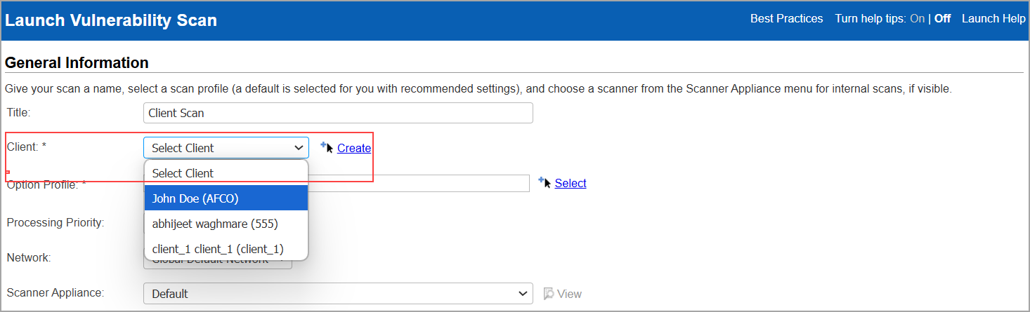 Client option in Launch Vulnerability Scan window