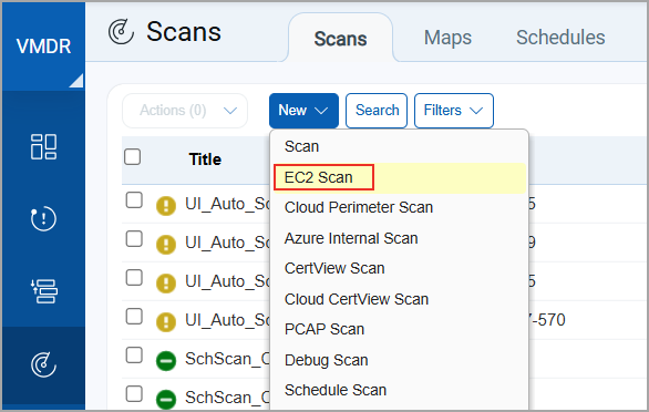 New EC2 Scan menu option under Scans