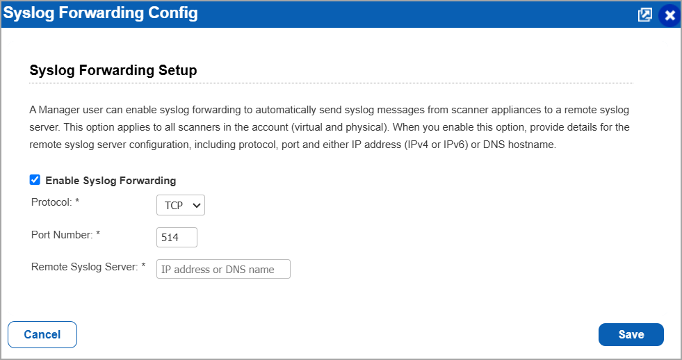 Syslog Forwarding Config