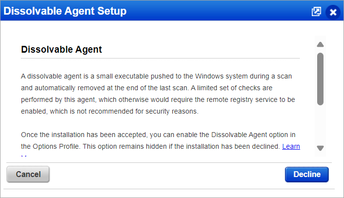 Dissolvable agent setup window