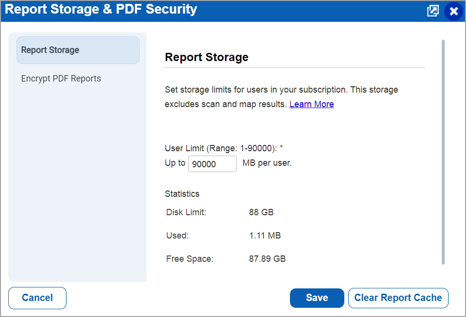 Report storage and PDF security window