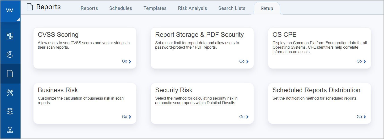 Reports Setup tabs