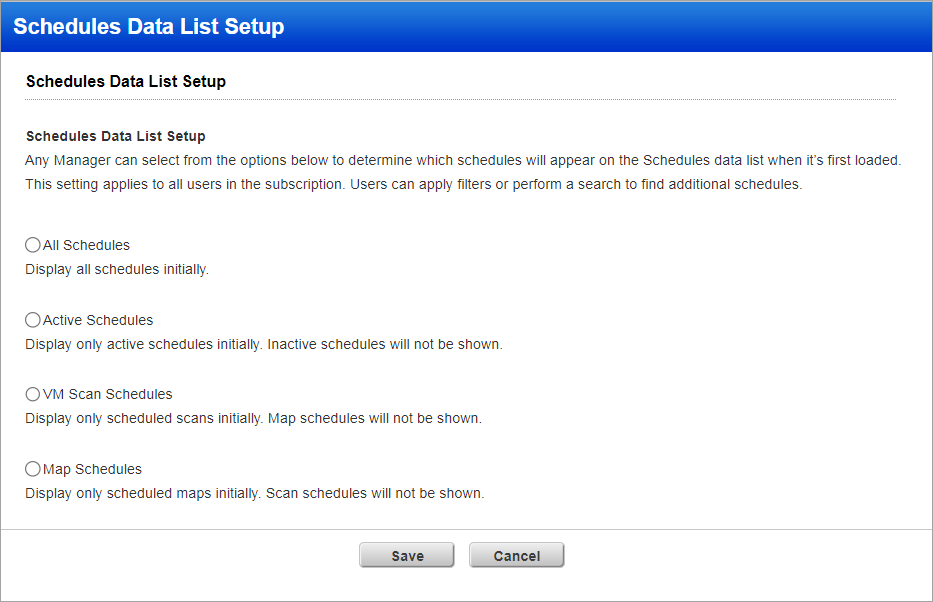 Scheduled data list setup window