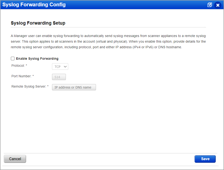 Syslog forwarding config window