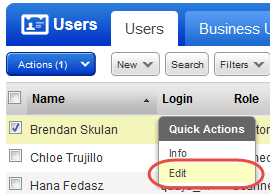 Edit user option on Quick Actions menu on Users tab