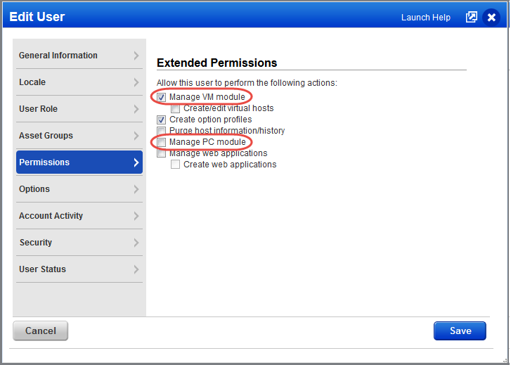 Manage VM module selected under Extended Permissions on Edit User page