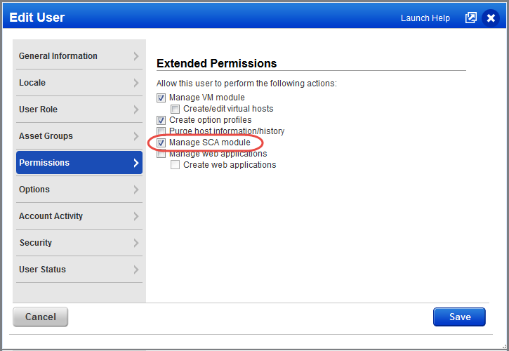 Manage SCA module selected under Extended Permissions on Edit User page