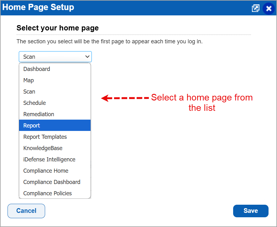 Select home page on Home Page Setup page