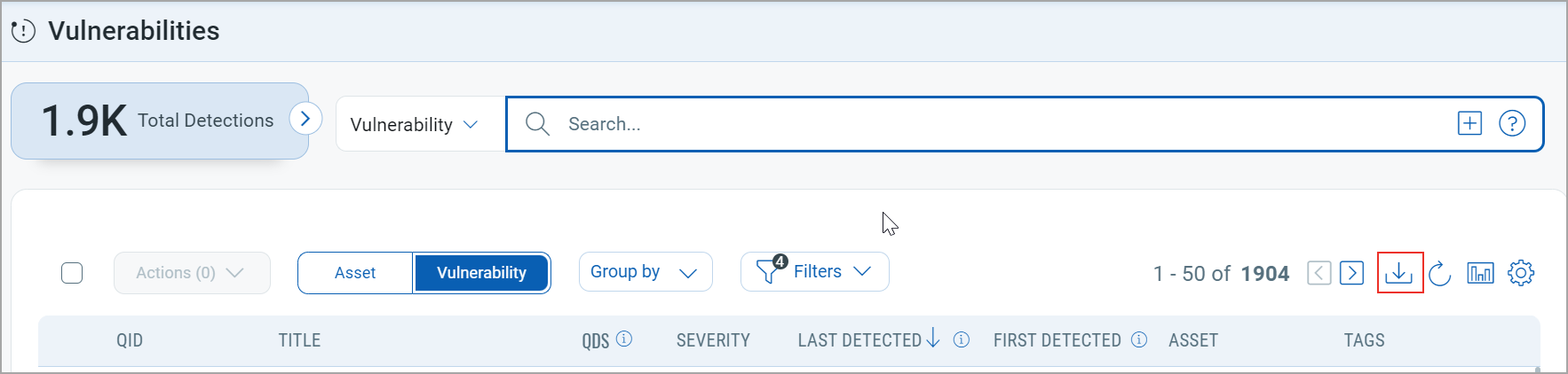 The download button used to download the vulnerability details in CSV format.