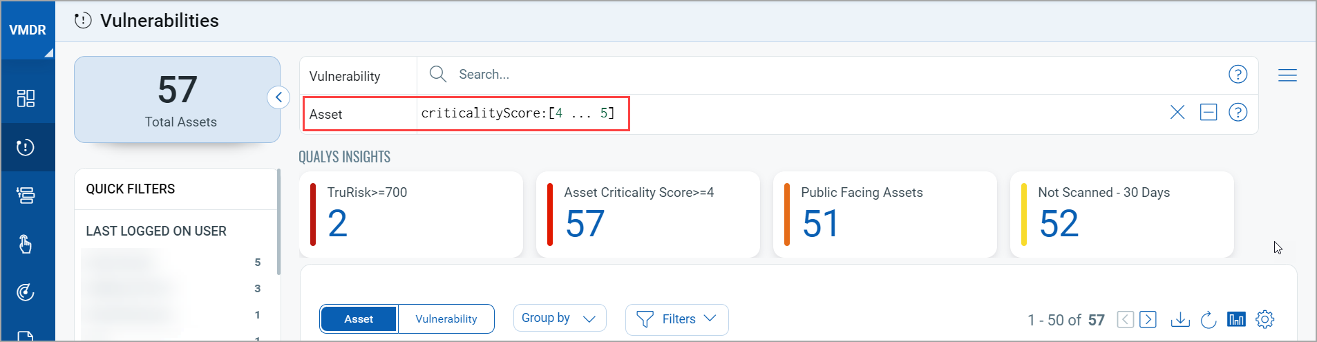 Asset Criticality widget example, in the Asset field.