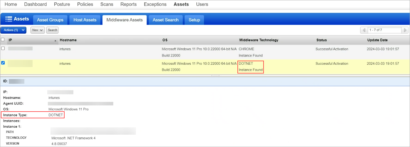 Displaying .NET framework for agent in the Middleware tab.