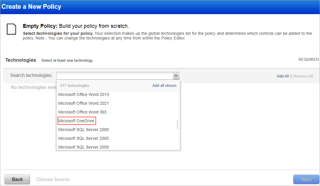 Creating a new policy using Microsoft OneDrive.