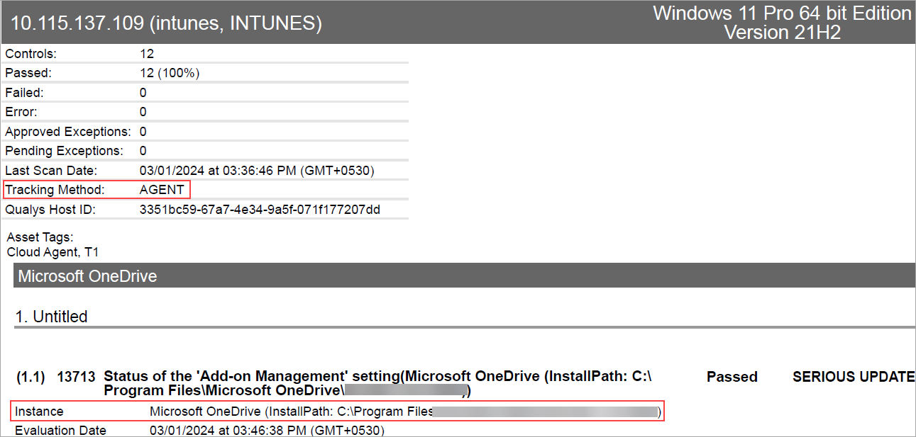 Policy Compliance Report showing Microsoft OneDrive for agent.