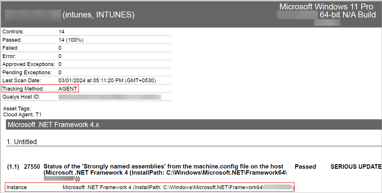 Sample report of policy compliance showing .NET framework instance and tracking method for agent.