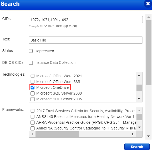 Search window showing Microsoft OneDrive.
