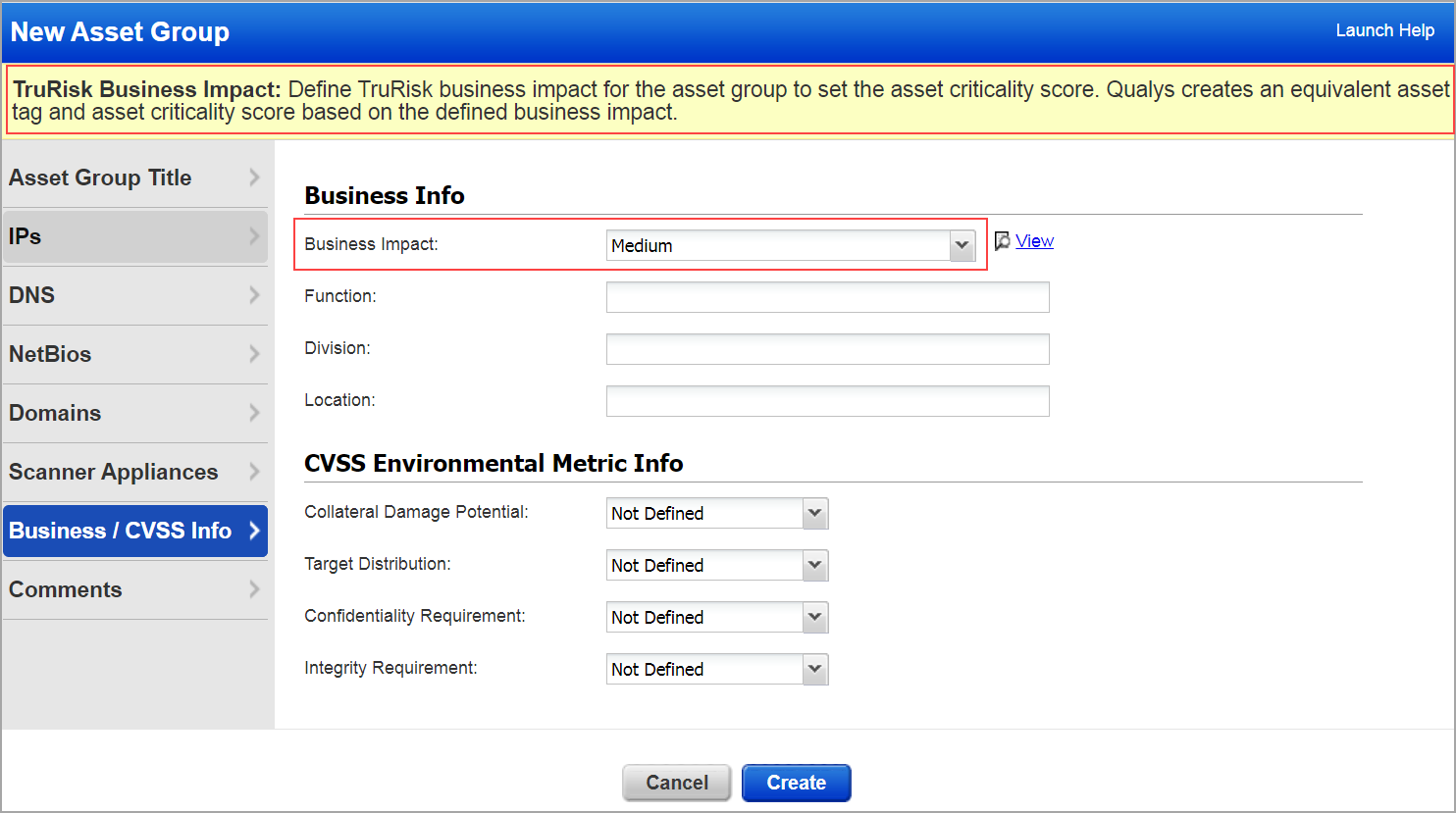 Business Impact message box and field