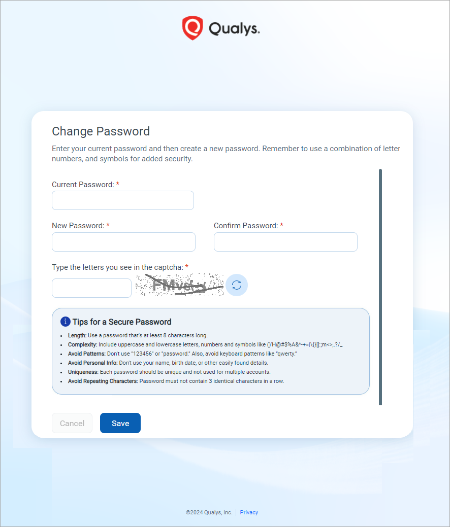 Change password page displayed when logging in for the first time for all users.