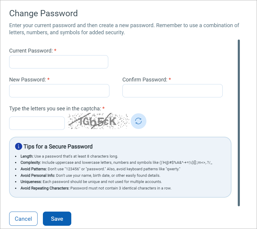 Change Password page with all fields.