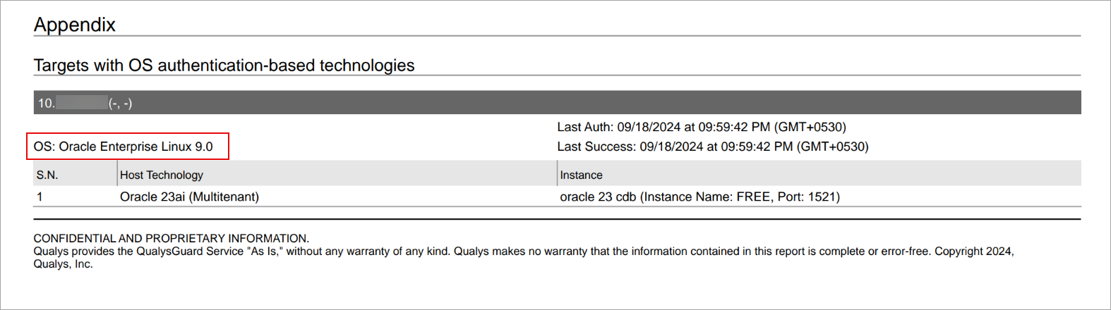 Authentication report displaying the authentication technology as Oracle Enterprise Linux. 