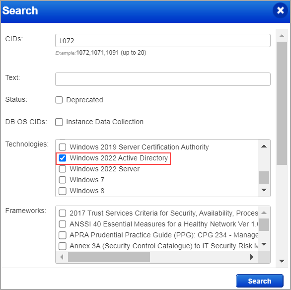 Windows 2022 Avtive Directory checkbox selected in the Search window.