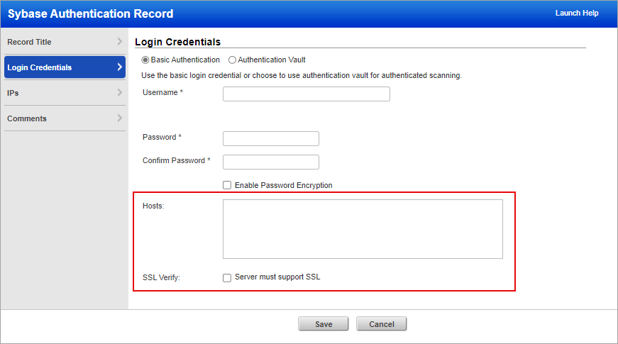 SSL verify and hosts displayed on the Sybase Authentication window.