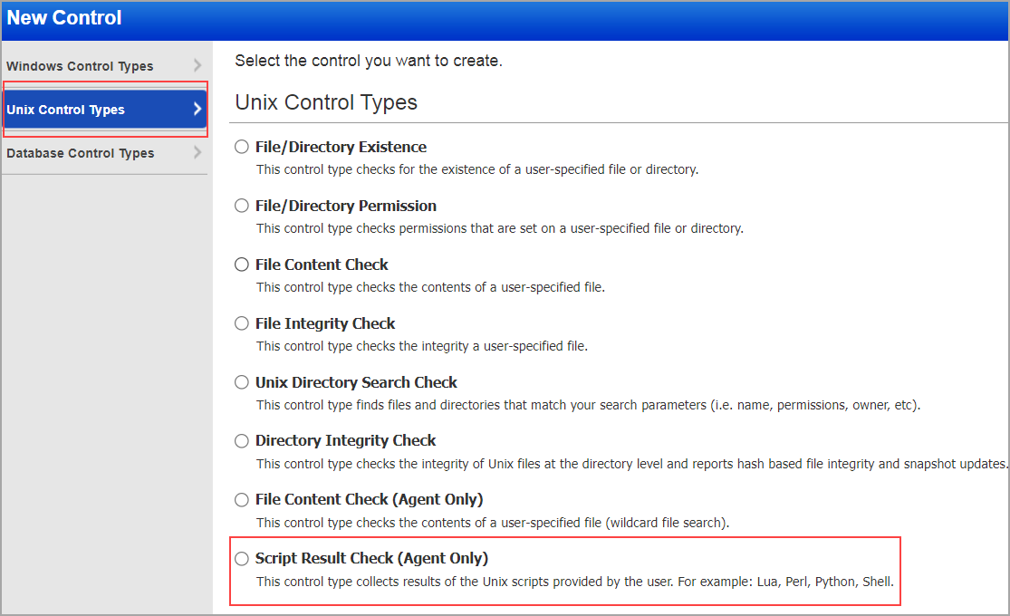 Script result check available in Unix control type policies.