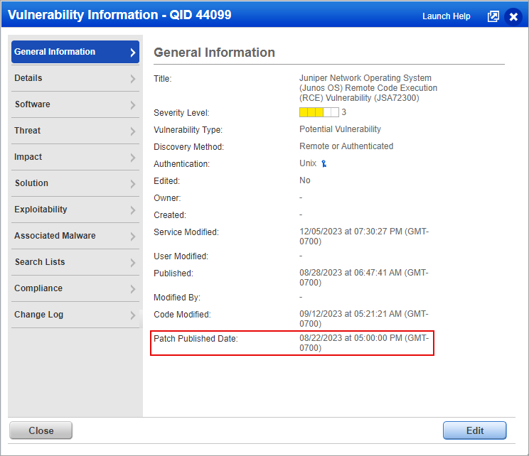 Patch Published Date for a QID