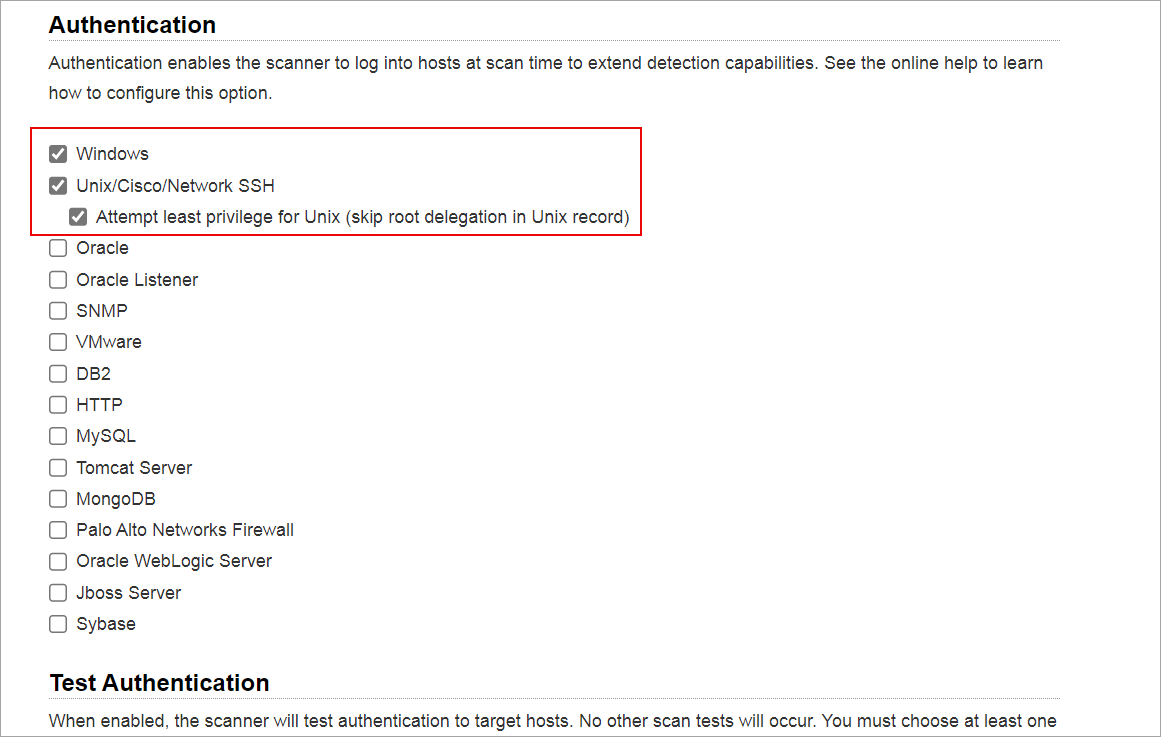 Windows and Uniz checkbox selected under Authentication.