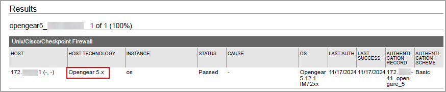 Opengear 5.x host technology displayed in Results for the compliance report.