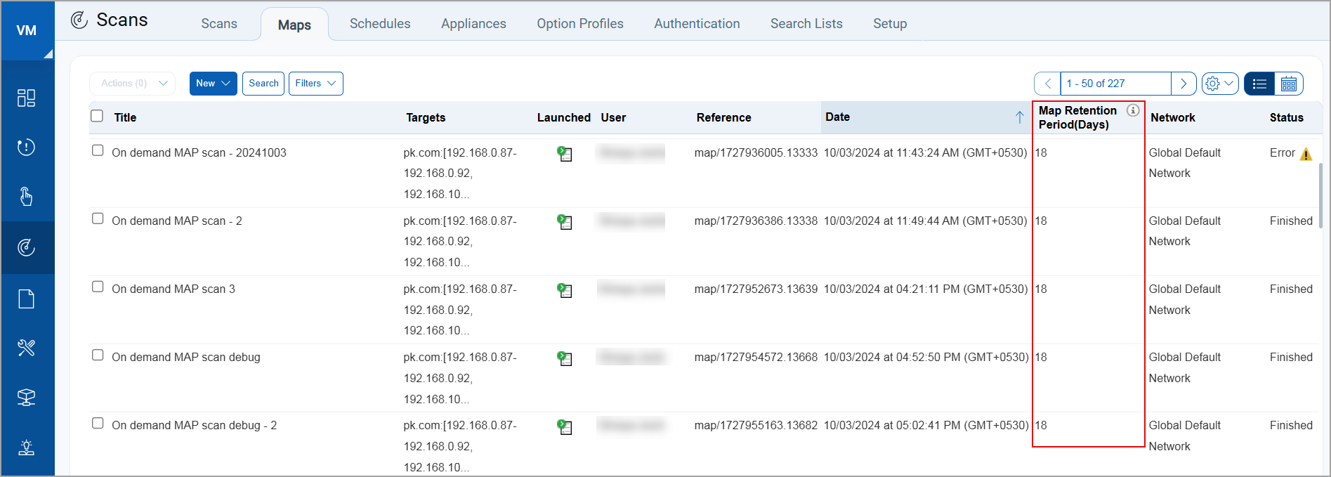 Scan Retention period column in the Mapstab.