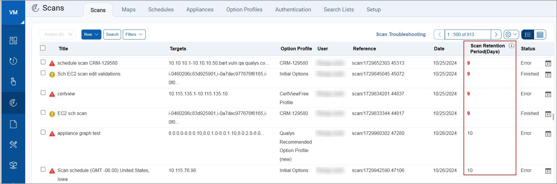 Scan Retention period column in the Scans tab.