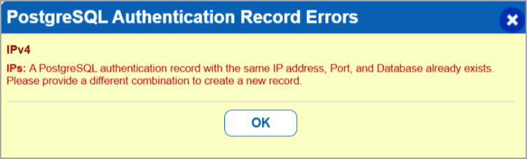 PostgreSQl error message.