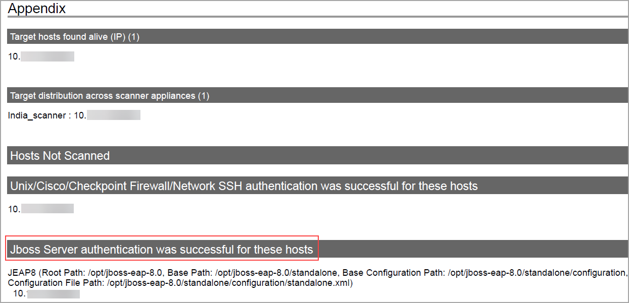 Appendix section shows JBoss in compliance report.