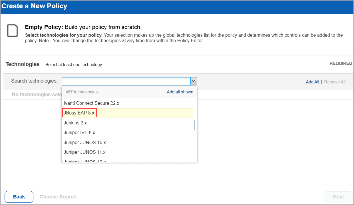 Select JBoss EAP under technologies in new policy.