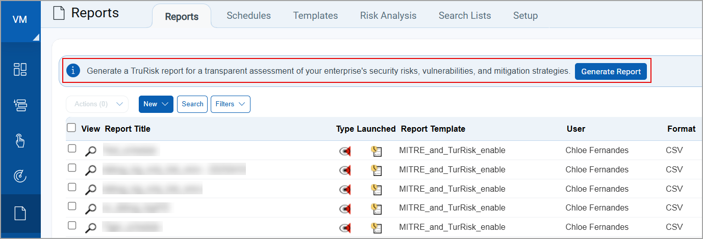Generate TruRisk message displayed on the Reports tab.