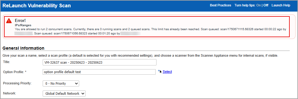 Error message displayed after running maximum scans.