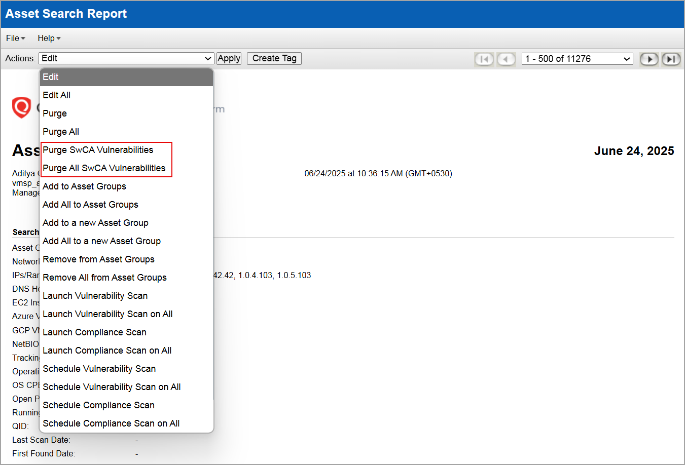 Purge selected or all assets options in the asset search report.