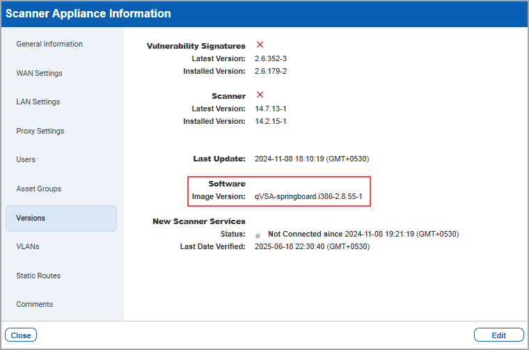 Info page displaying the software installed version.
