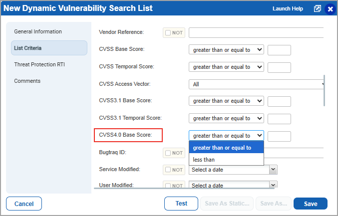 Dynamic vulnerability search list.