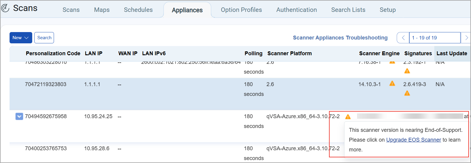 Scanner Status if EOS is approaching.