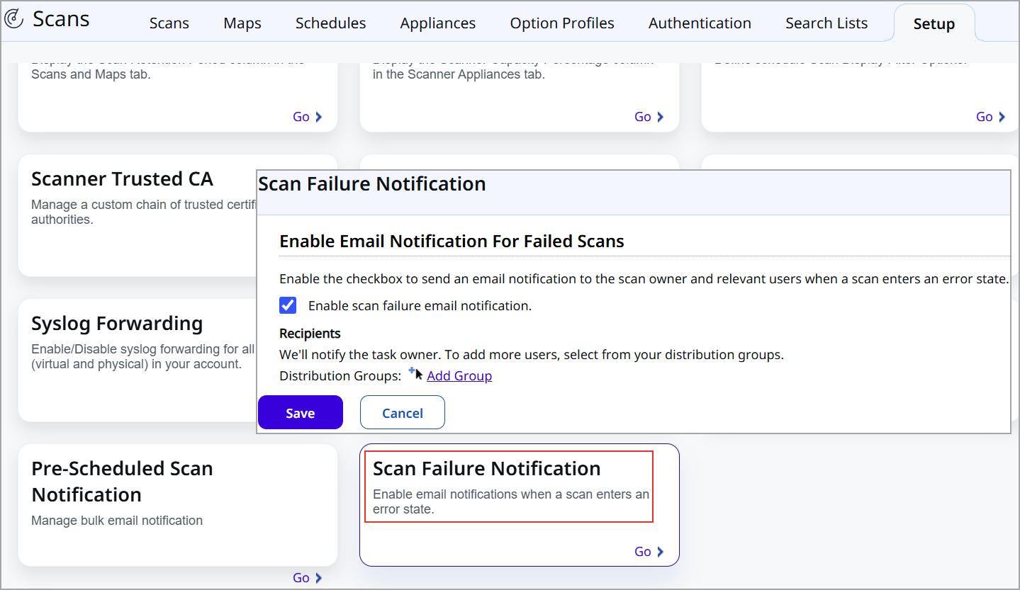 Select Scan Failure Notification.