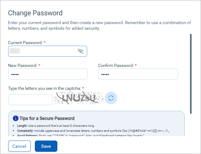 Change password page for users