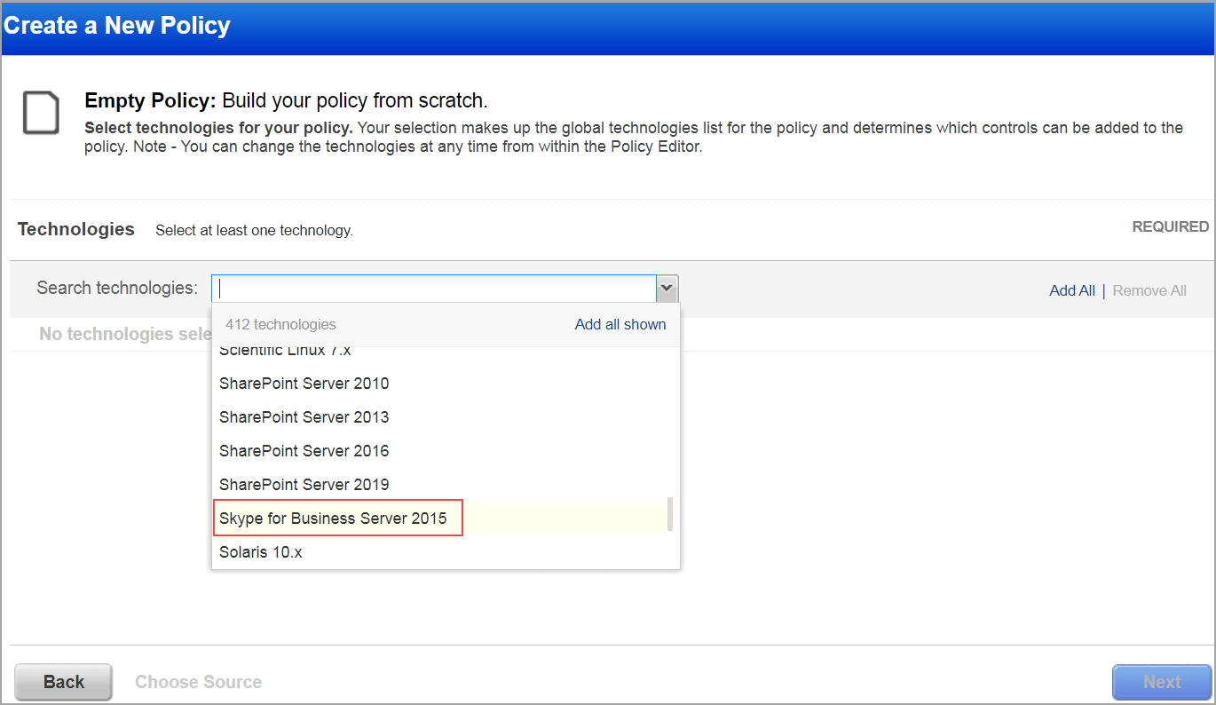 Screenshot of Create new Policy window highlighting Skype for Business Server.