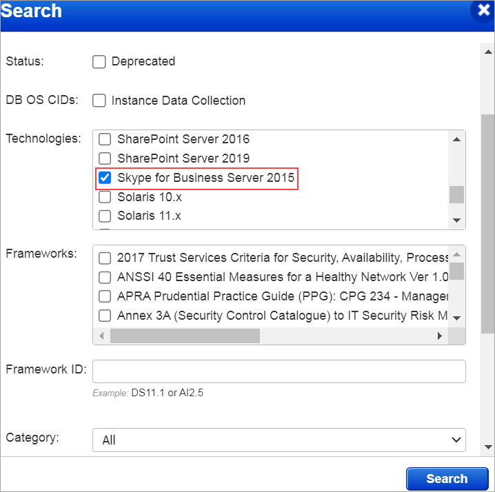 Search controls that show Skype for Business Server in the Technologies list.
