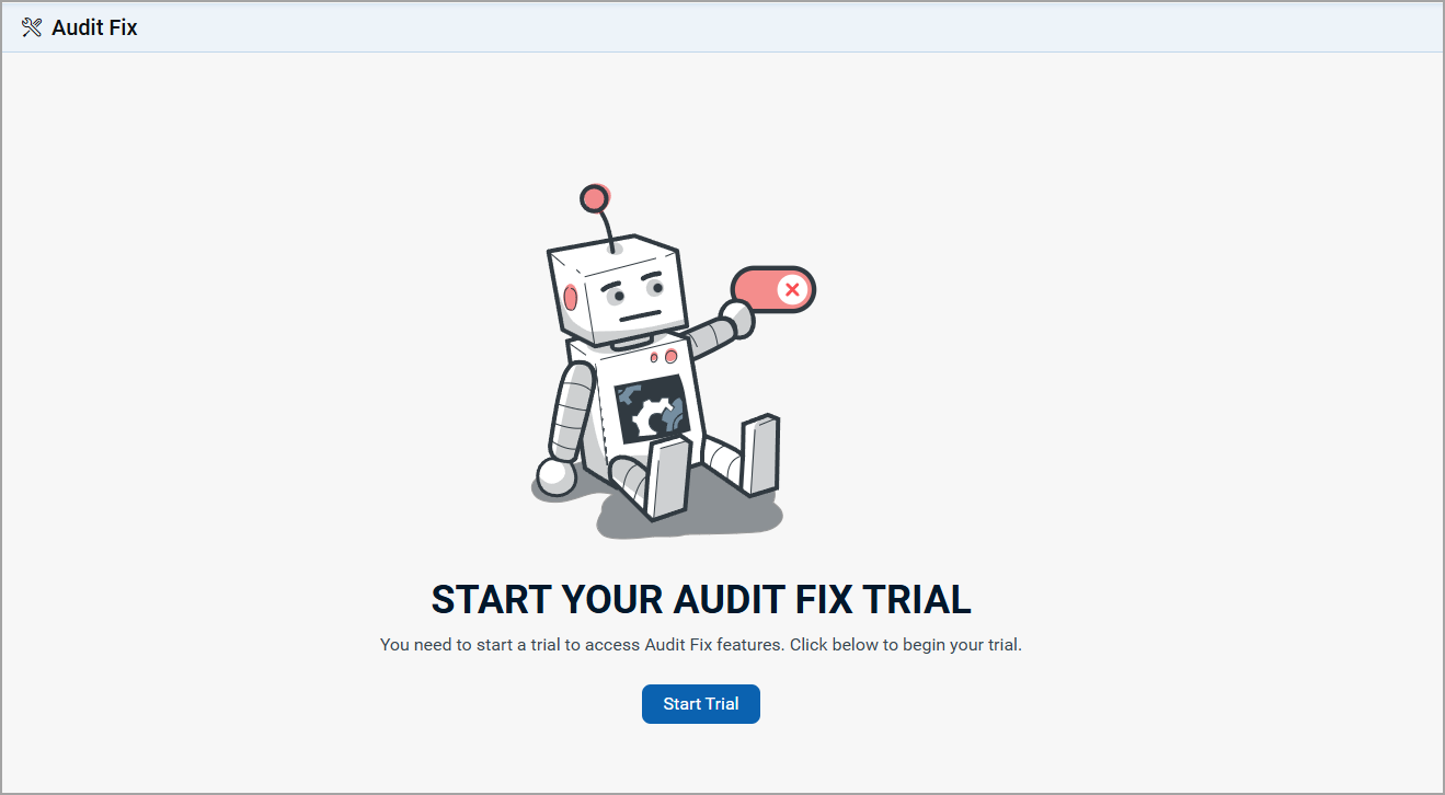 Start trial option displayed in Policy Audit application in the Audit fix tab.