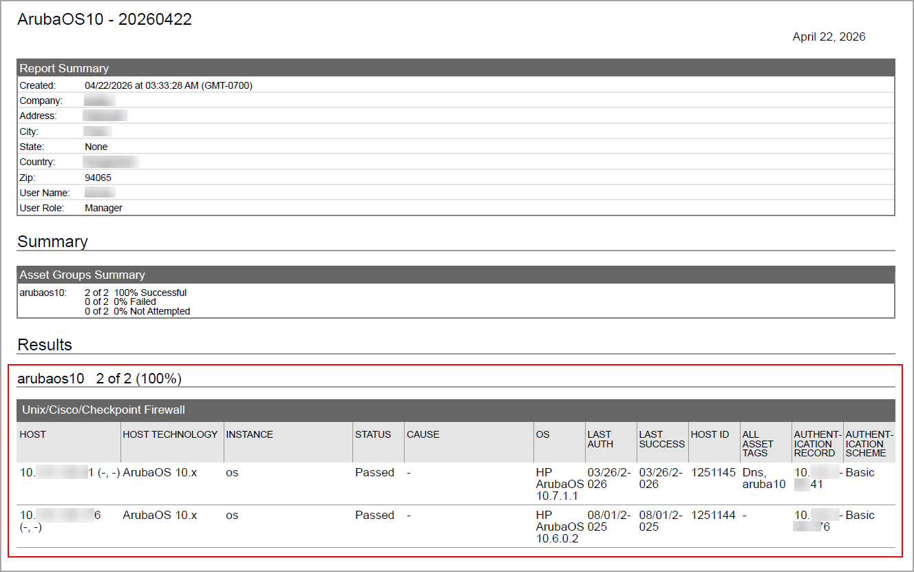 ArubaOS technology displayed in the authentication report.