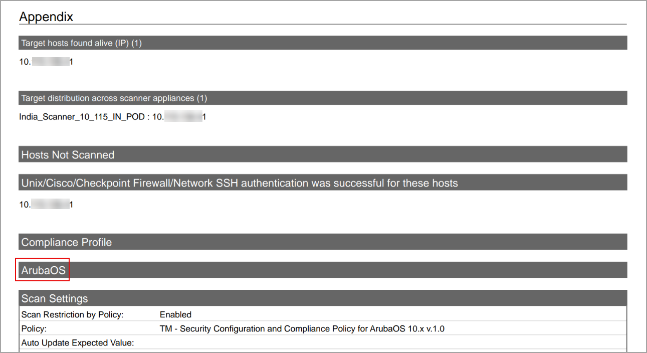 ArubaOS displayed in the Appendix section of the scan report.