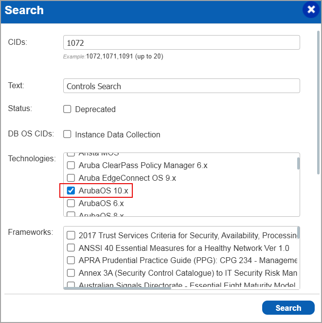 ArubaOS 10.x displayed in Controls search window.