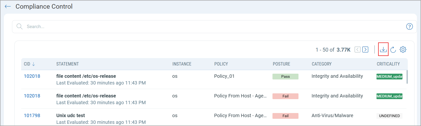 Download icon on the compliance controls list page.